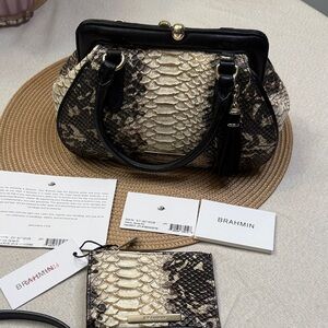 Brahmin Mimi Layla Espresso Mist Black and Cream-Embossed Satchel/small wallet.